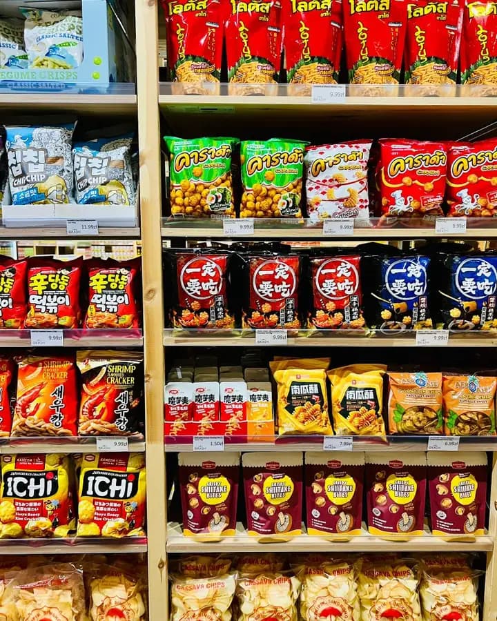 Thai, Korean and Japanese chips and rice crackers in the OKASHI snack aisle