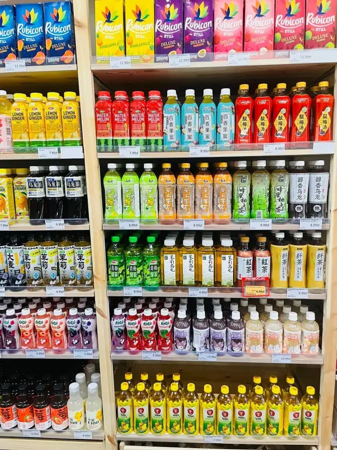 Asian bottled teas and juices including Master Kong, Suntory and Oishi at OKASHI Wrocław