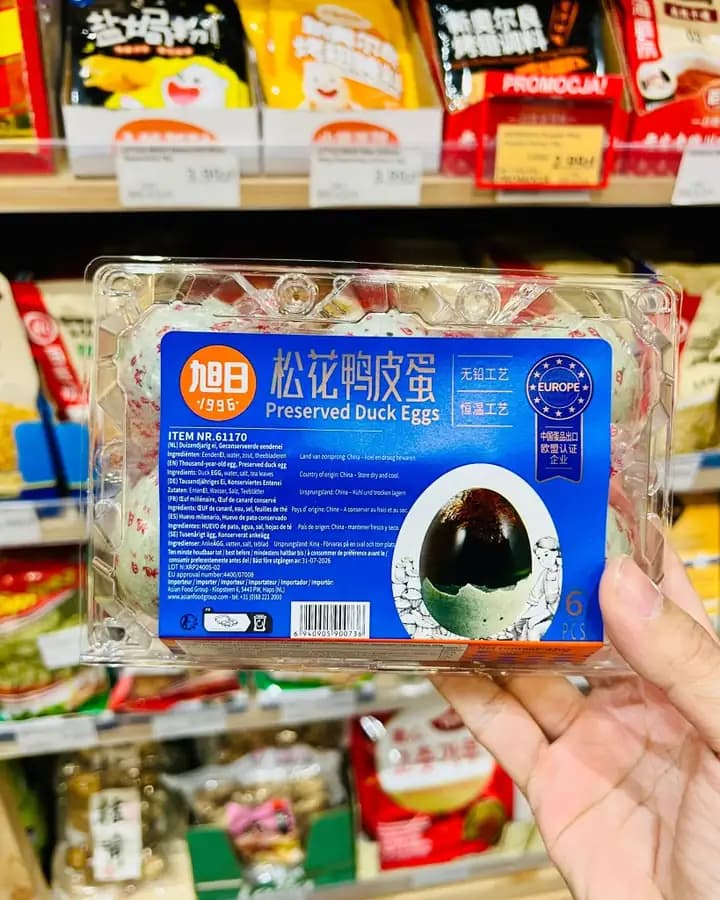 Preserved duck eggs (century eggs) sold at OKASHI Group Asian supermarket in Wrocław