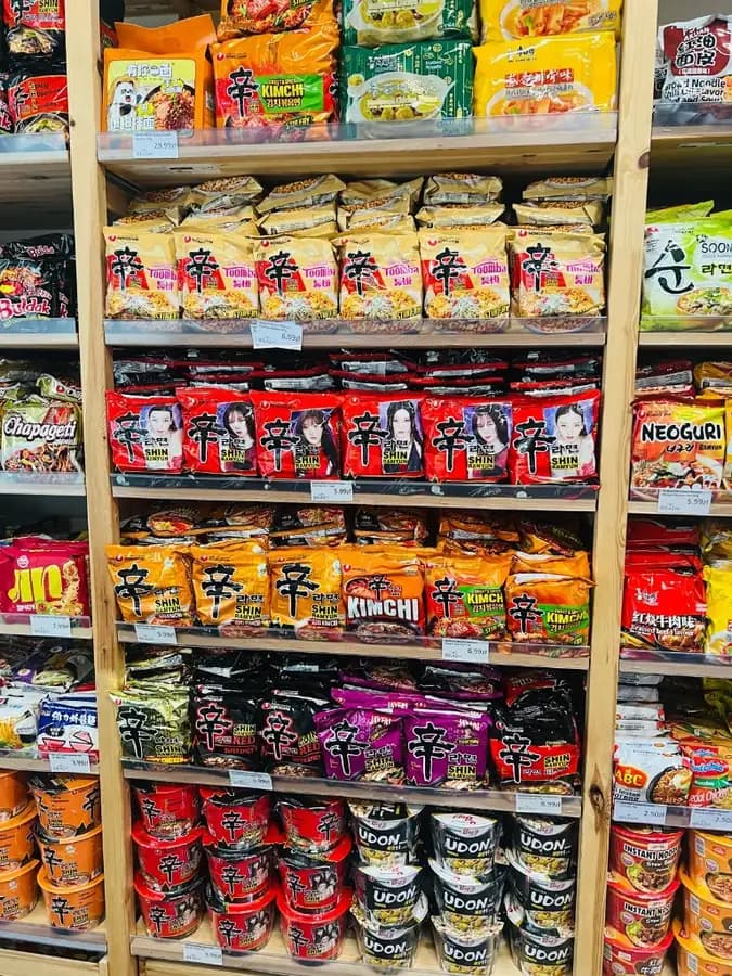 Nongshim Shin Ramyun, Chapagetti and Korean instant noodles aisle at OKASHI Wrocław